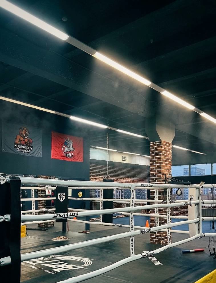 Ринг в зале, на стене — баннер Kolesnikov Boxing Club